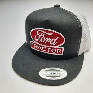 Ford Tractor Patch Cap Flat bill Mesh Snapback Trucker Hat Gray White